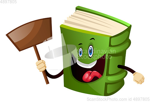 Image of Green book holding a shovel, illustration, vector on white backg