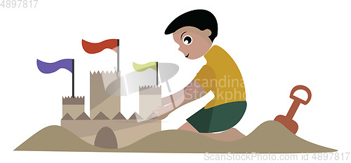 Image of Image of boy building sand castle, vector or color illustration.