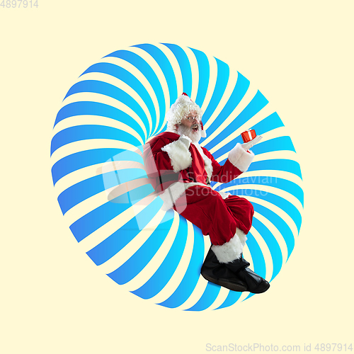 Image of Emotional Santa Claus greeting with Christmas and New Year 2021. Copyspace, art collage.
