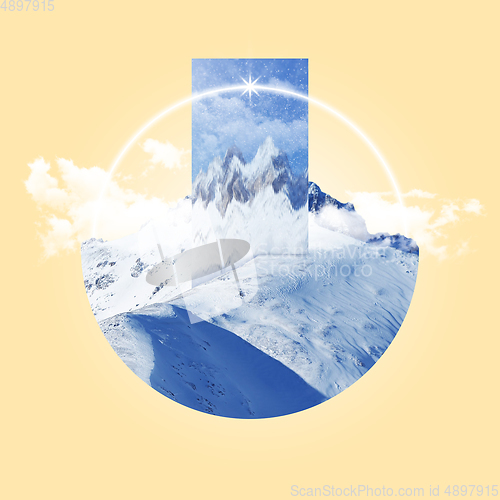 Image of Winter snowly mountain on yellow background. Modern design. Contemporary art collage. Copyspace.