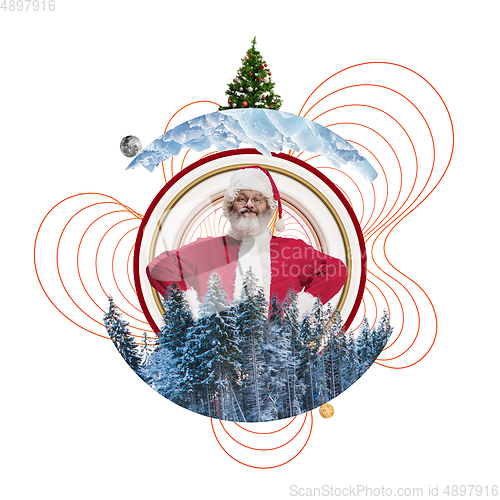 Image of Emotional Santa Claus greeting with Christmas and New Year 2021. Copyspace, line design, art collage.