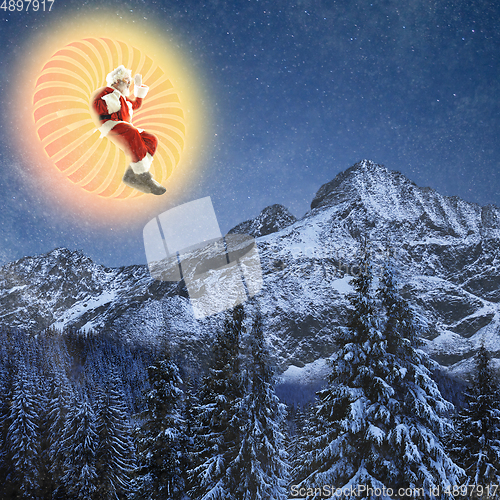 Image of Emotional Santa Claus greeting with Christmas and New Year 2021. Copyspace, art collage.