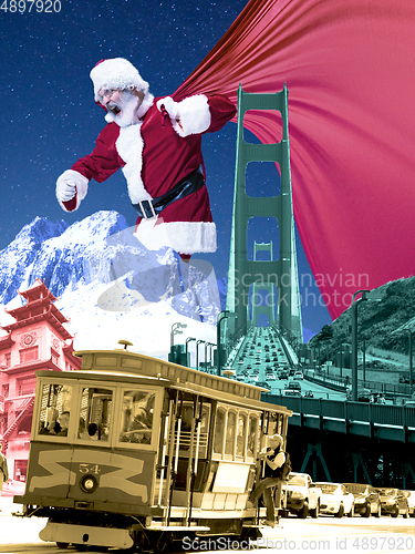 Image of Emotional Santa Claus greeting with Christmas and New Year 2021. Copyspace, art collage.