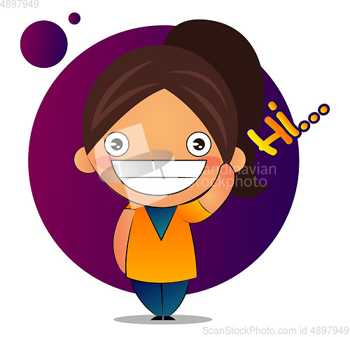 Image of Girl with brown ponytail says hi, illustration, vector on white 