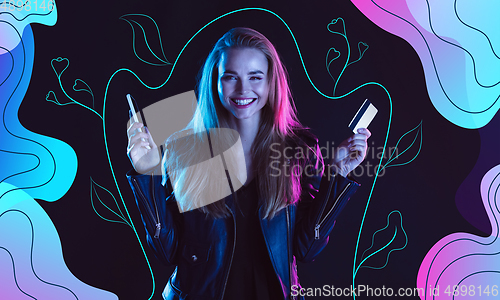 Image of Caucasian woman\'s portrait in neon light on modern illustrated background