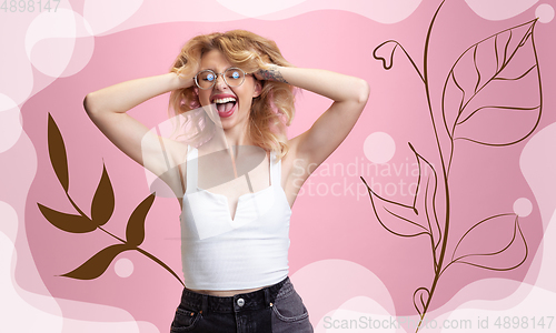 Image of Caucasian woman\'s portrait isolated on pink modern illustrated background.