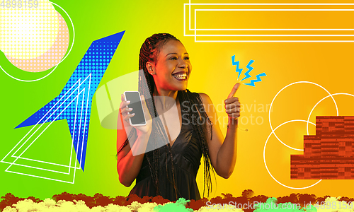 Image of African woman\'s portrait isolated on bright, modern illustrated background.