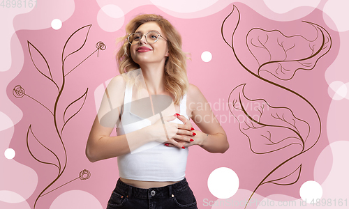 Image of Caucasian woman\'s portrait isolated on pink modern illustrated background.