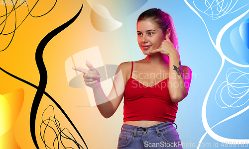 Image of Caucasian woman\'s portrait isolated on bright, modern illustrate background.