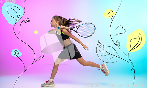 Image of Little tennis girl in black sportwear isolated on modern illustrated background.