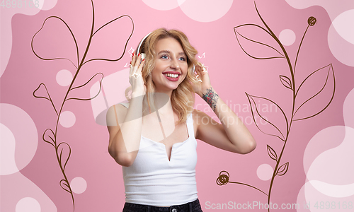 Image of Caucasian woman\'s portrait isolated on pink modern illustrated background.