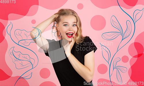 Image of Caucasian woman\'s portrait isolated on bright, modern illustrated background.