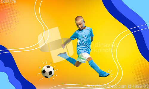 Image of Little boy, soccer player isolated on bright modern illustrated background.