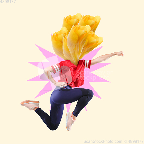 Image of Jumping woman in red T-shirt headed by yellow flowers on modern illustrated background. Contemporary art collage.