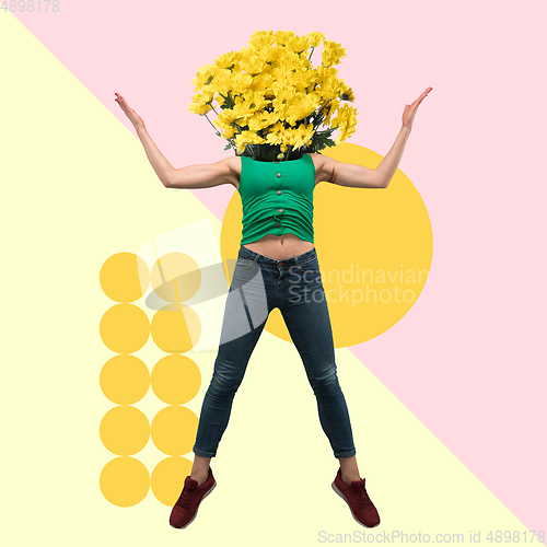 Image of Woman\'s body headed by bunch of yellow flowers standing on modern illustrated background. Contemporary art collage.