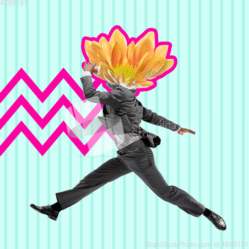 Image of Office man in grey suit like a ballet dancer or performer with yellow flower as a head on blue background. Contemporary art collage