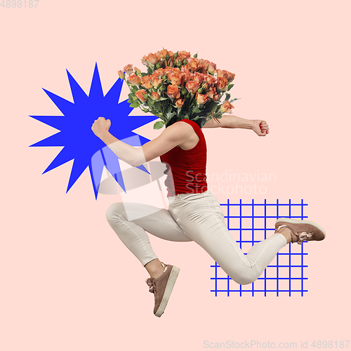 Image of Jumping woman in red T-shirt headed by bunch of roses on modern illustrated background. Contemporary art collage.