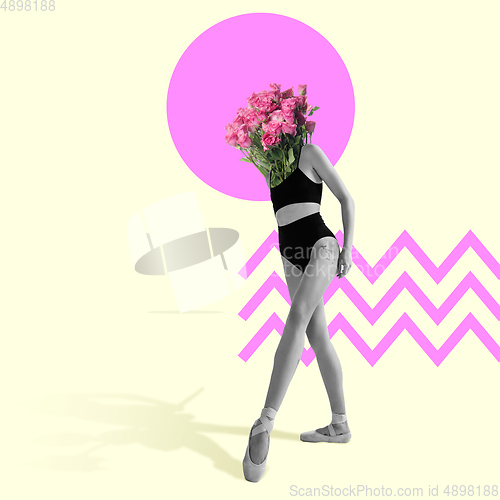 Image of Ballet dancer or performer with pink roses as a head on line art background. Contemporary art collage