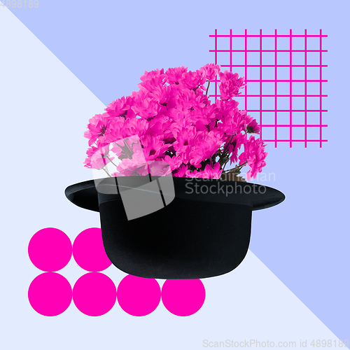 Image of Contemporary art collage. Black hat with bunch of pink chrysanthemums on modern illustrated background.