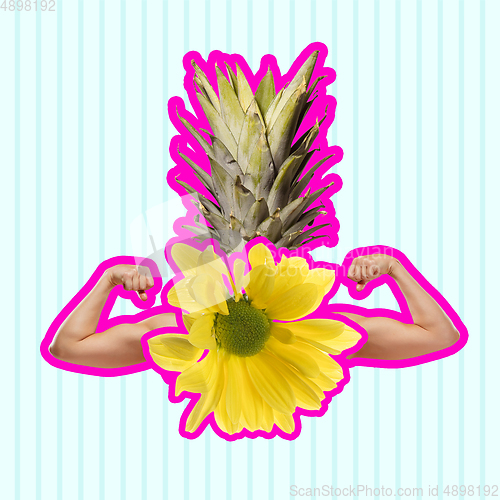 Image of Contemporary art collage. Yellow flower with pink outline as a human body on light background.