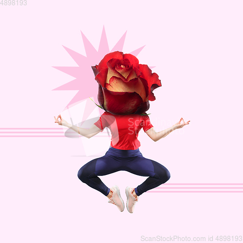 Image of Young woman in red T-shirt practicing yoga headed by tea-rose flower on pink background. Contemporary art collage.
