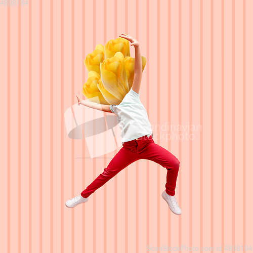 Image of Dancing man\'s body in bright clothes headed by yellow flowers on modern illustrated background. Contemporary art collage.