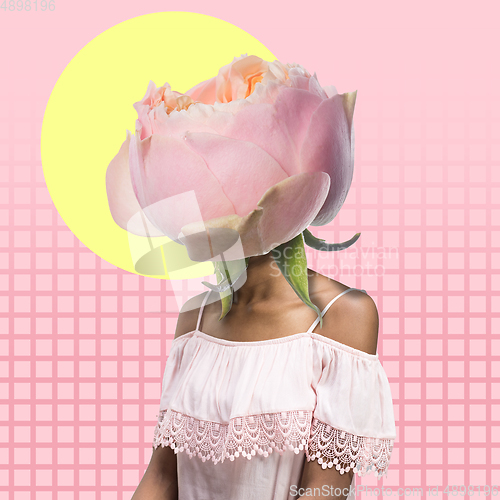 Image of Contemporary art collage. A woman\'s body with beautiful rose as a head on modern illustrated background.