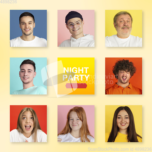 Image of Portrait of people on multicolored background, creative collage