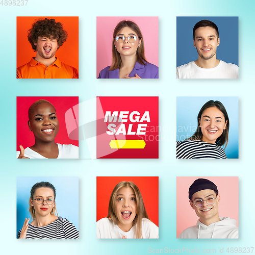 Image of Portrait of people on multicolored background, creative collage