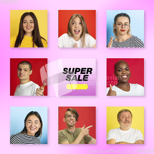 Image of Portrait of people on multicolored background, creative collage
