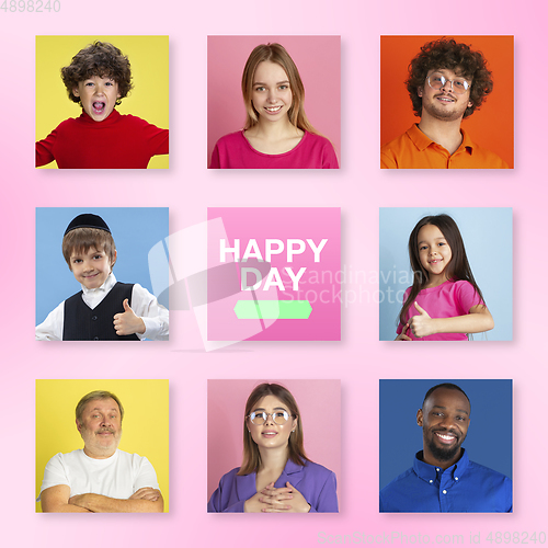 Image of Portrait of people on multicolored background, creative collage