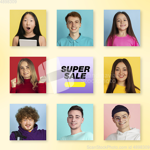 Image of Portrait of people on multicolored background, creative collage