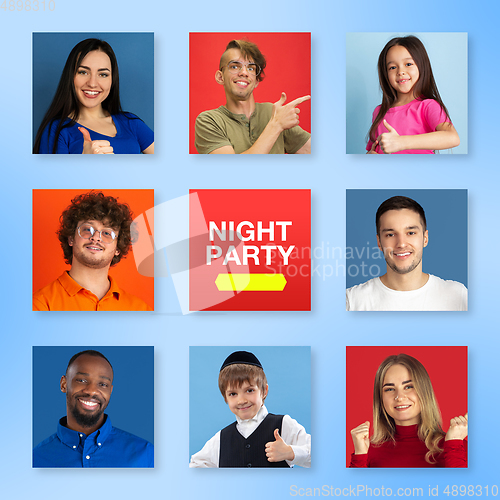 Image of Portrait of people on multicolored background, creative collage