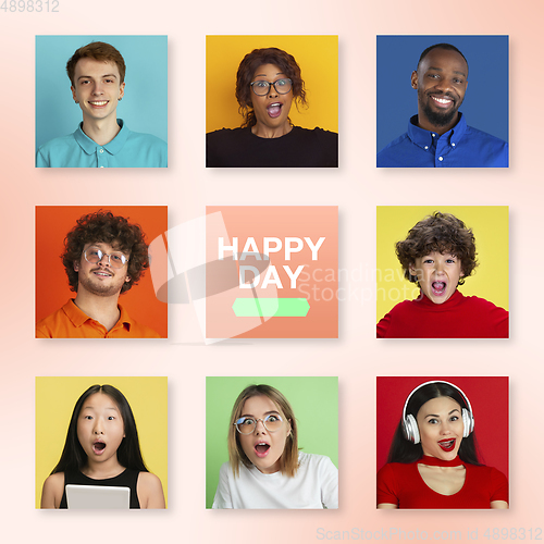 Image of Portrait of people on multicolored background, creative collage