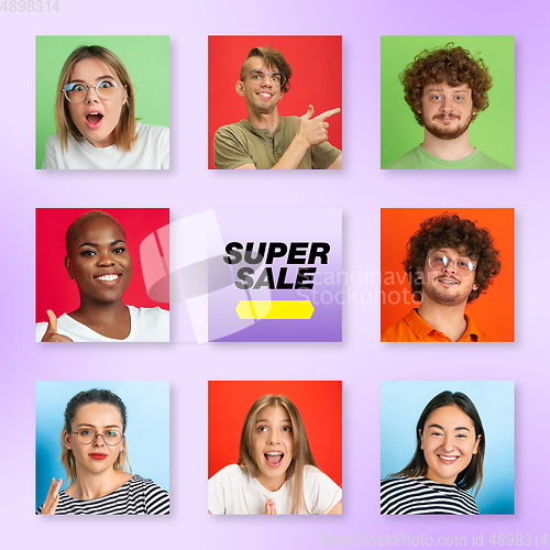 Image of Portrait of people on multicolored background, creative collage