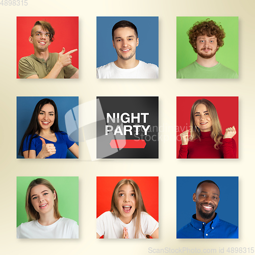 Image of Portrait of people on multicolored background, creative collage