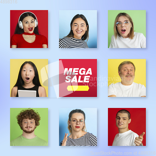 Image of Portrait of people on multicolored background, creative collage