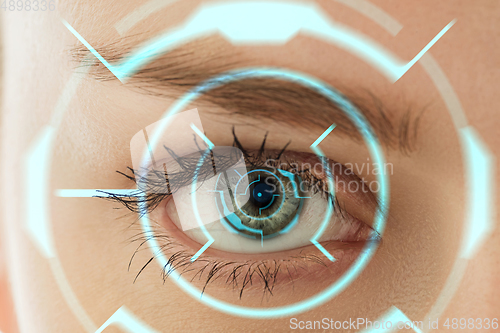 Image of Future woman with cyber technology eye panel, cyberspace interface, ophthalmology concept