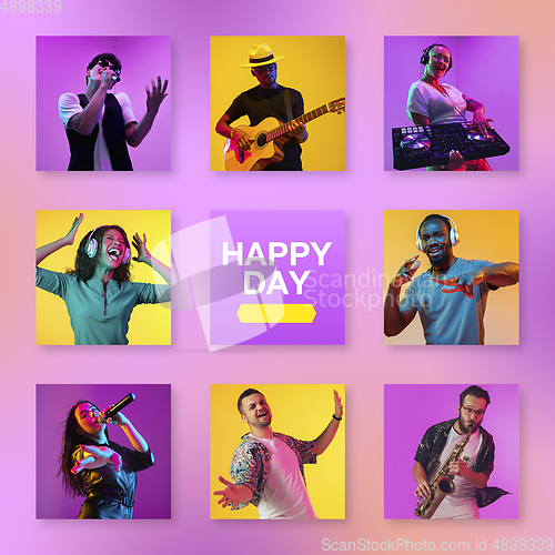 Image of Portrait of people on multicolored background, creative collage