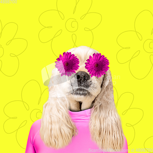 Image of Modern design, contemporary art collage with cute doggies