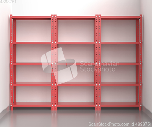 Image of Red metal shelving units