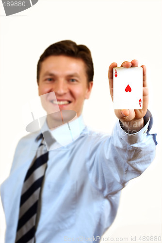 Image of Businessman holding a ace casino card,clipping path included