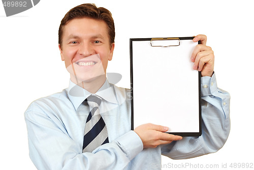 Image of Businessman holding a blank clipboard,clipping path included