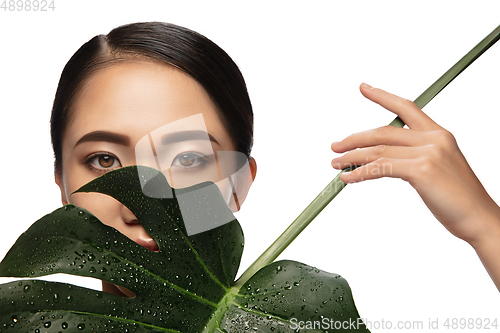 Image of Portrait of beautiful asian woman isolated on white studio background. Beauty, fashion, skincare, cosmetics concept.