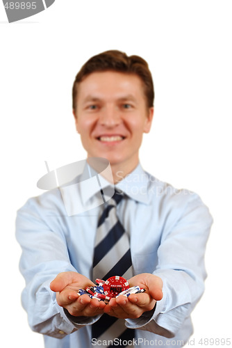 Image of Businessman holding gambling chips,clipping path