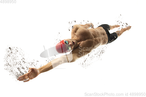 Image of Caucasian professional sportsman, swimmer training isolated on white studio background