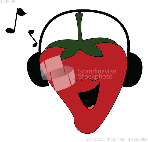 Image of Strawberry listening to music, vector or color illustration.