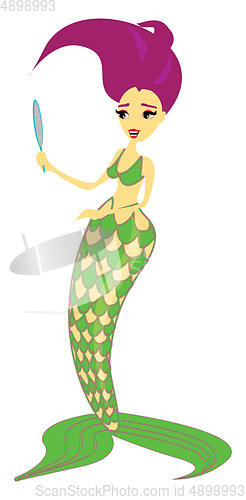 Image of Green-tailed bra-wearing scary woman mermaid, vector or color il