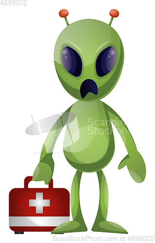 Image of Alien with medkit, illustration, vector on white background.