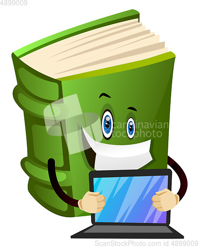 Image of Green book is holding a laptop, illustration, vector on white ba